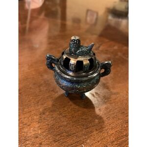 Small Foo Dog Lid Censer Incense Burner Bronze